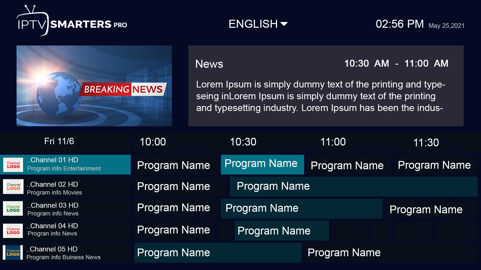 IPTVGeeks Electronic Program Guide (EPG) with live TV schedule